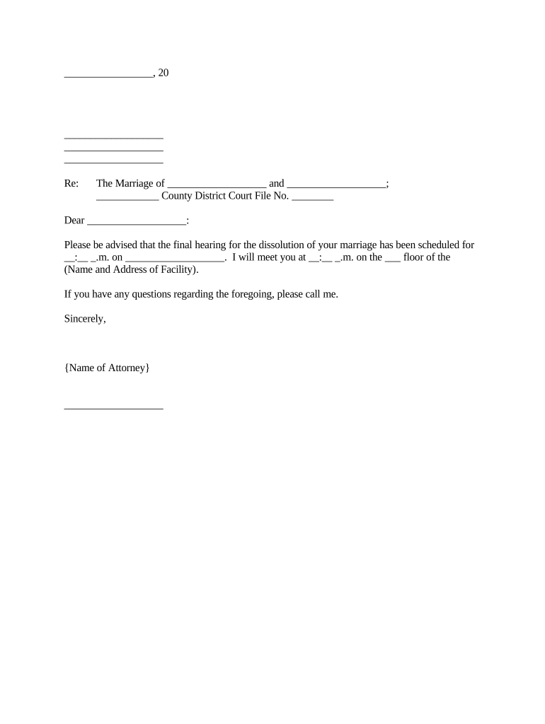 Letter to Client Regarding Time and Date of Final Dissolution Hearing Minnesota  Form