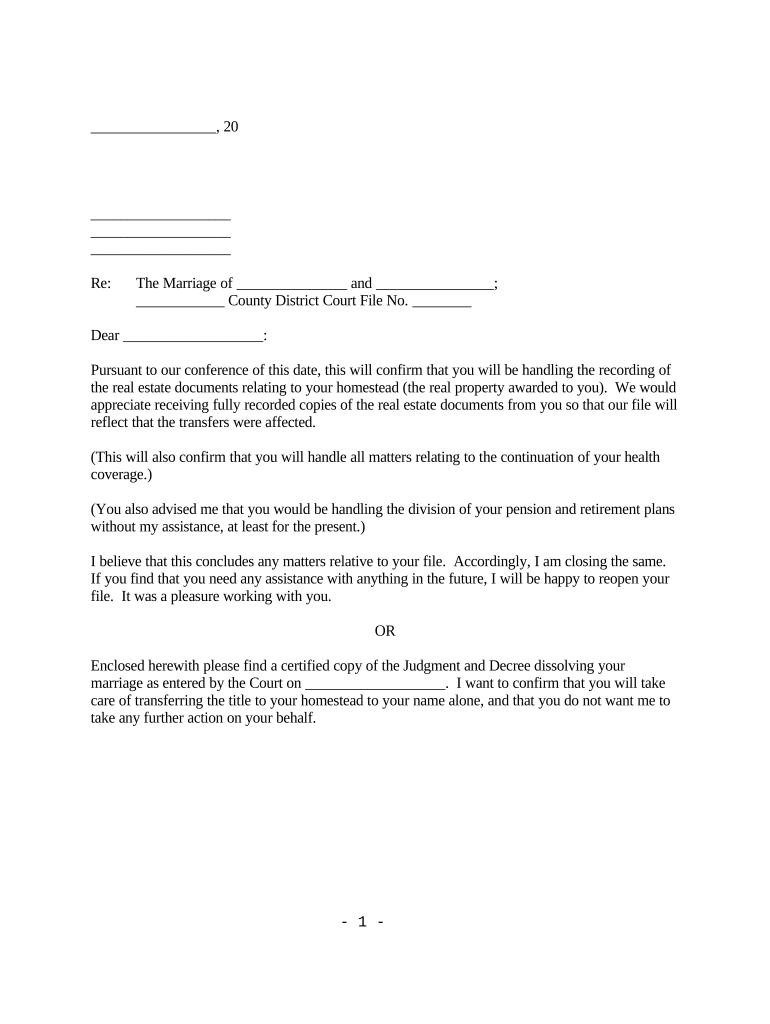 Letter to Client Regarding Real Estate Documents Related to Homestead Minnesota  Form