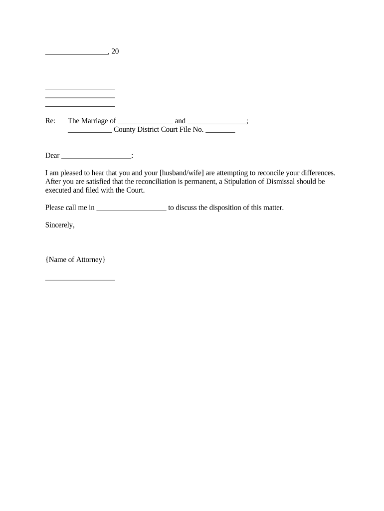 Letter to Client Regarding Reconciliation with Spouse and Stipulation of Dismissal Minnesota  Form