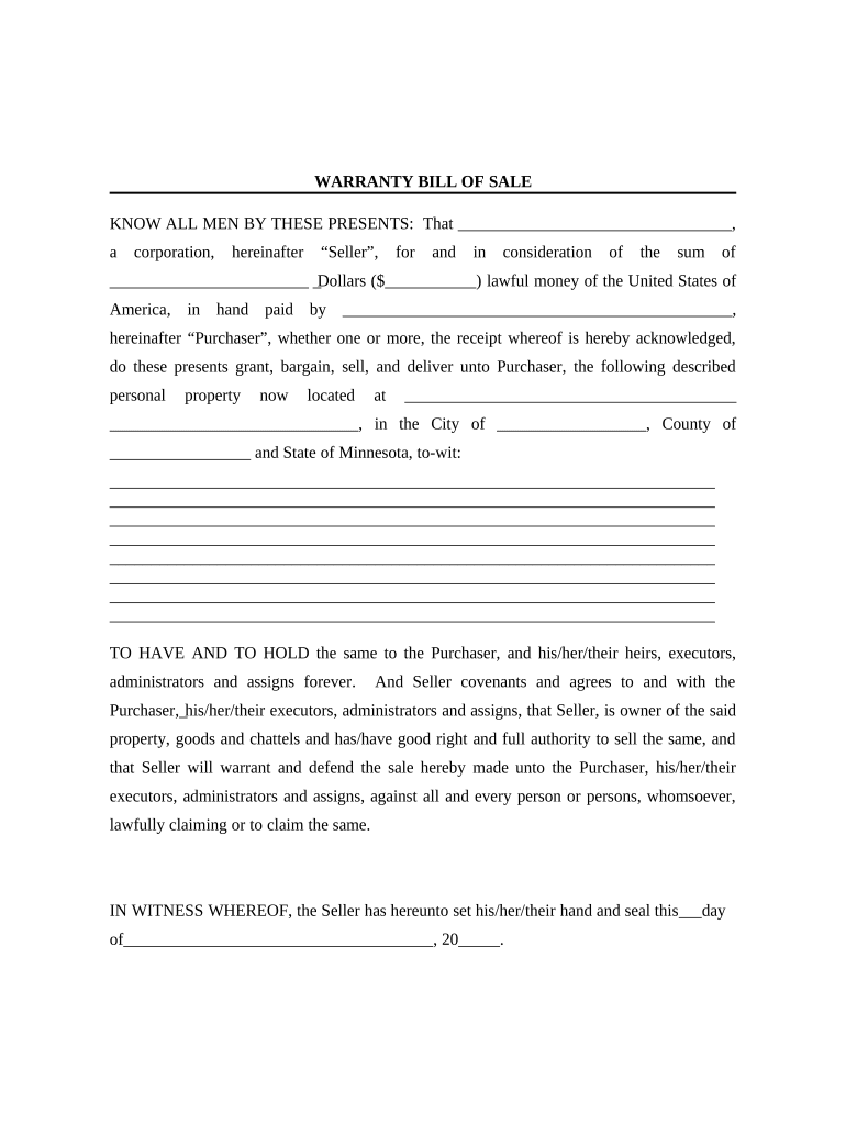 Bill of Sale with Warranty for Corporate Seller Minnesota  Form