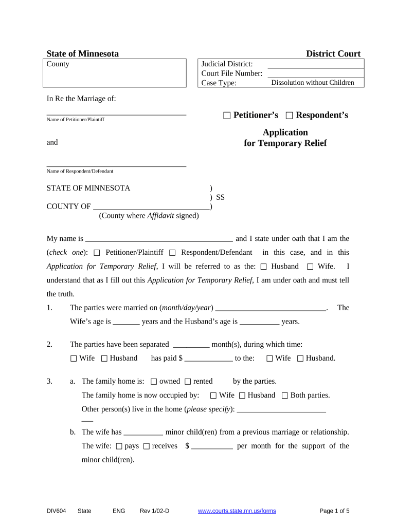 Application for Temporary Relief Minnesota  Form