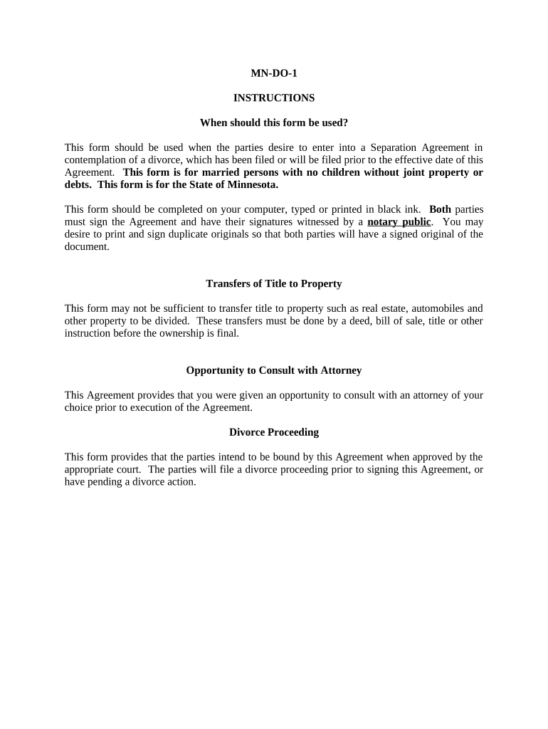 Marital Domestic Separation and Property Settlement Agreement for Persons with No Children, No Joint Property or Debts Where Div  Form