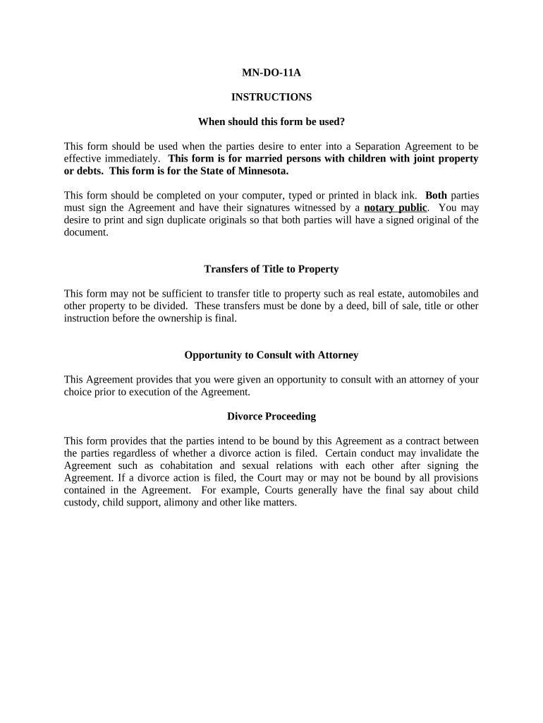 Marital Domestic Separation and Property Settlement Agreement Minor Children Parties May Have Joint Property or Debts Effective   Form