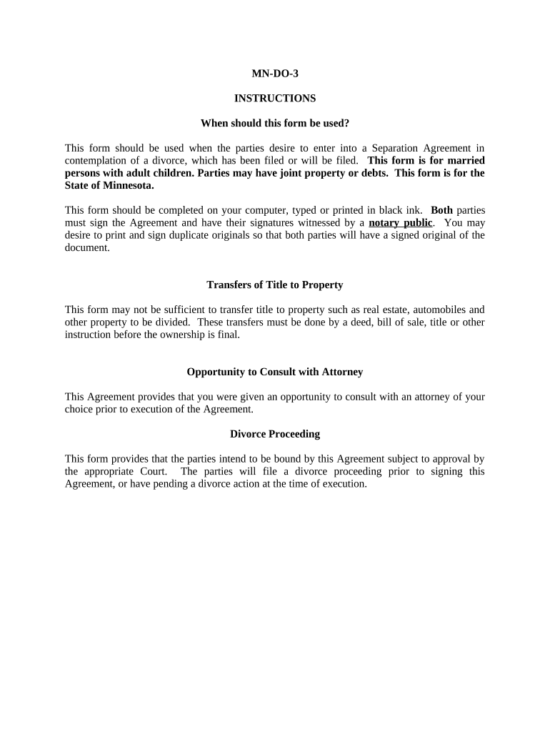 Marital Domestic Separation and Property Settlement Agreement Adult Children Parties May Have Joint Property or Debts Where Divo  Form