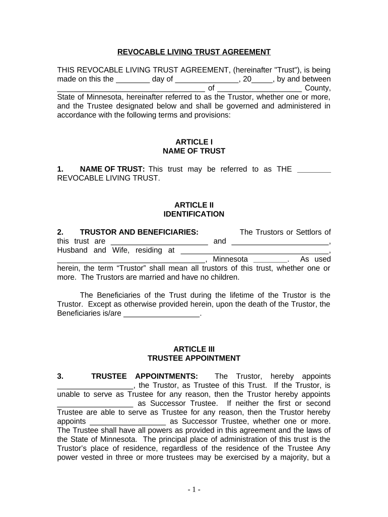 Living Trust for Husband and Wife with No Children Minnesota  Form