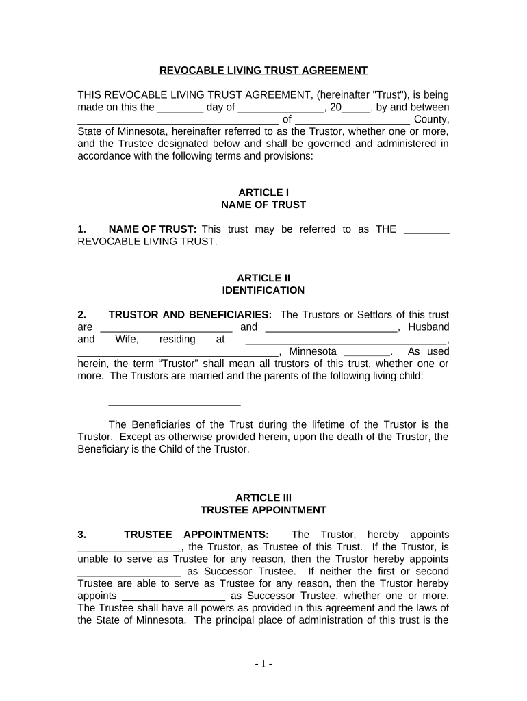 Living Trust for Husband and Wife with One Child Minnesota  Form