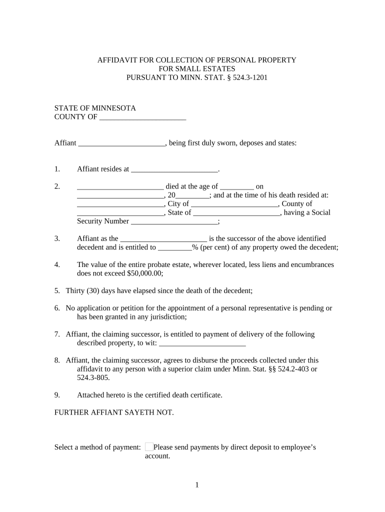 Small Estate Affidavit for Estates Not More Than $75,000 Minnesota  Form