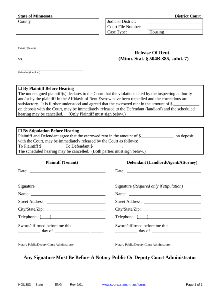 Release of Rent Minnesota  Form