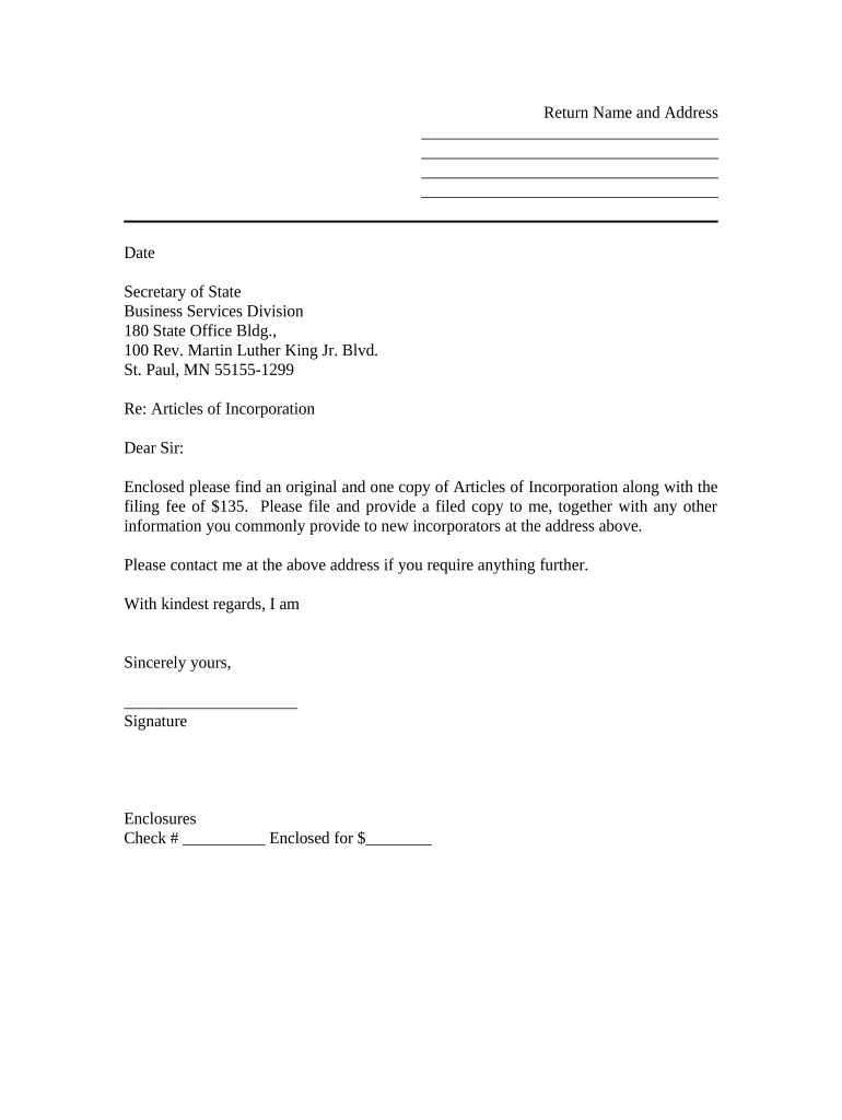 Sample Transmittal Letter to Secretary of State's Office to File Articles of Incorporation Minnesota Minnesota  Form