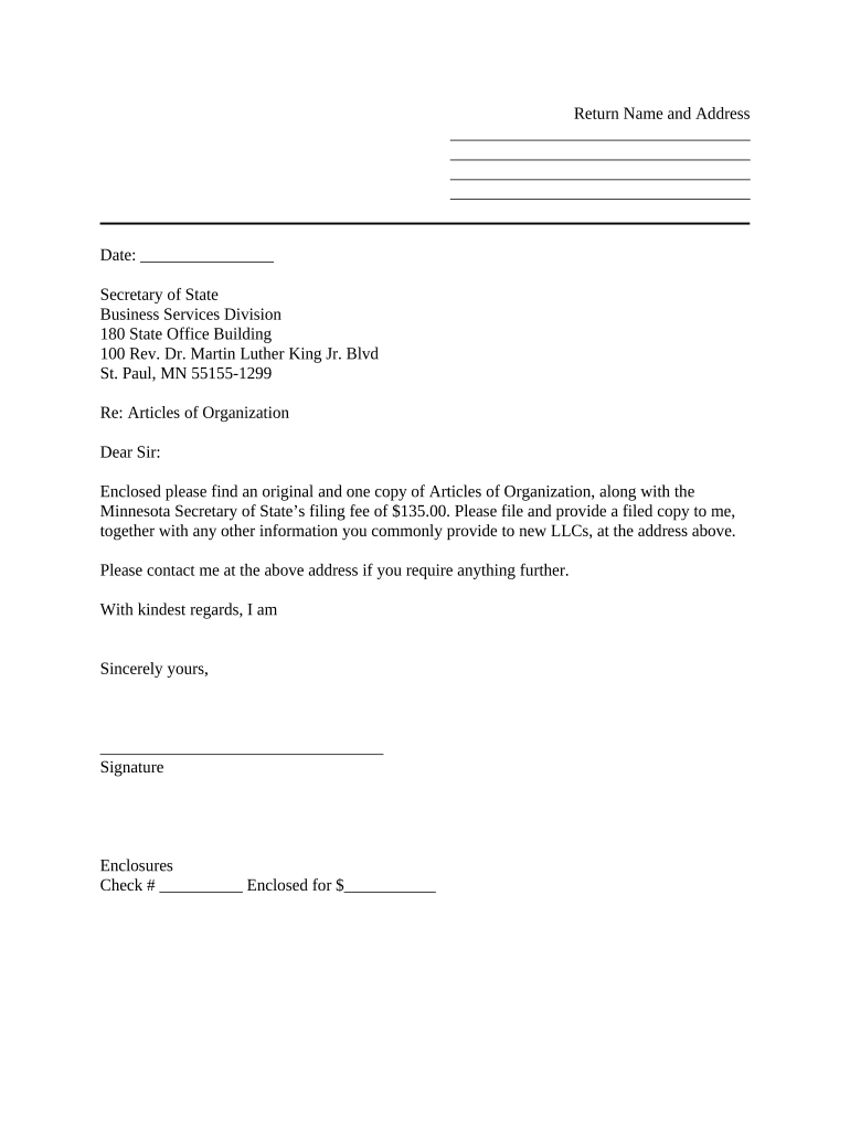 Sample Cover Letter for Filing of LLC Articles or Certificate with Secretary of State Minnesota  Form