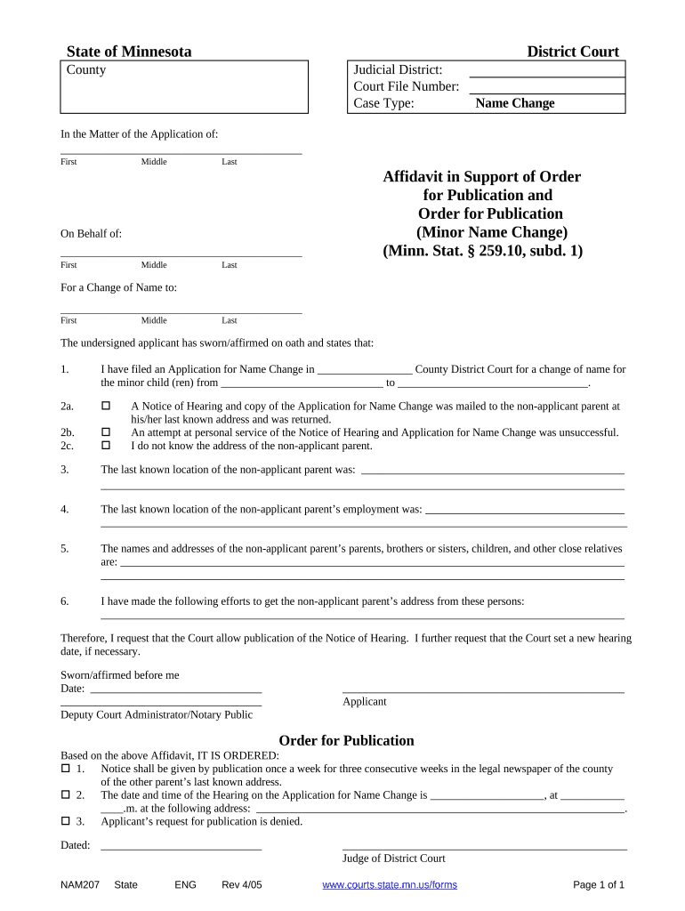 Affidavit in Support of Order for Publication and Order for Publication Minnesota  Form