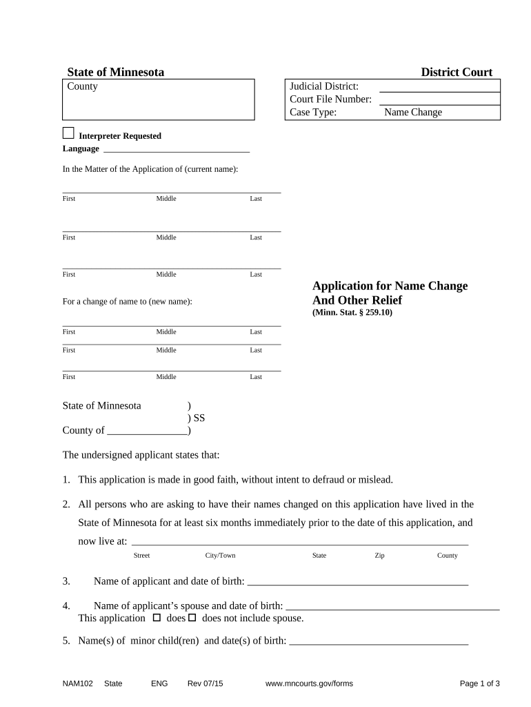 Minnesota Application Name Change  Form