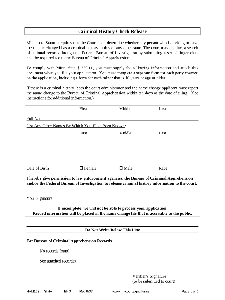 Minnesota Criminal History Check  Form