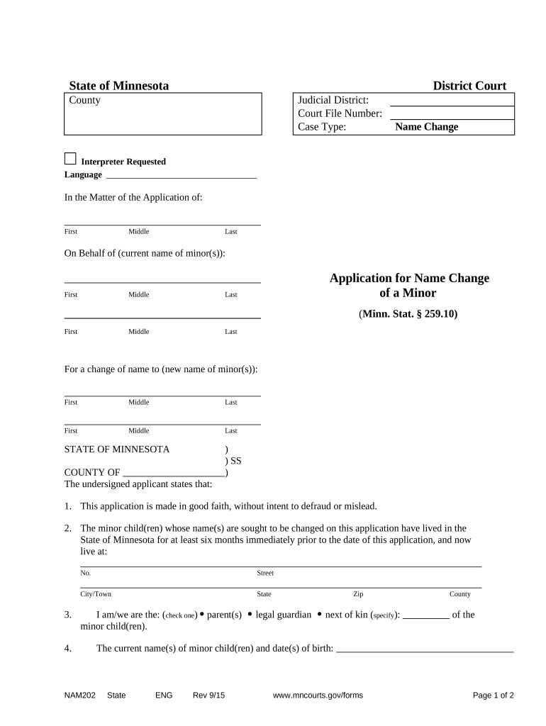 Application for Name Change of Minor Minnesota  Form