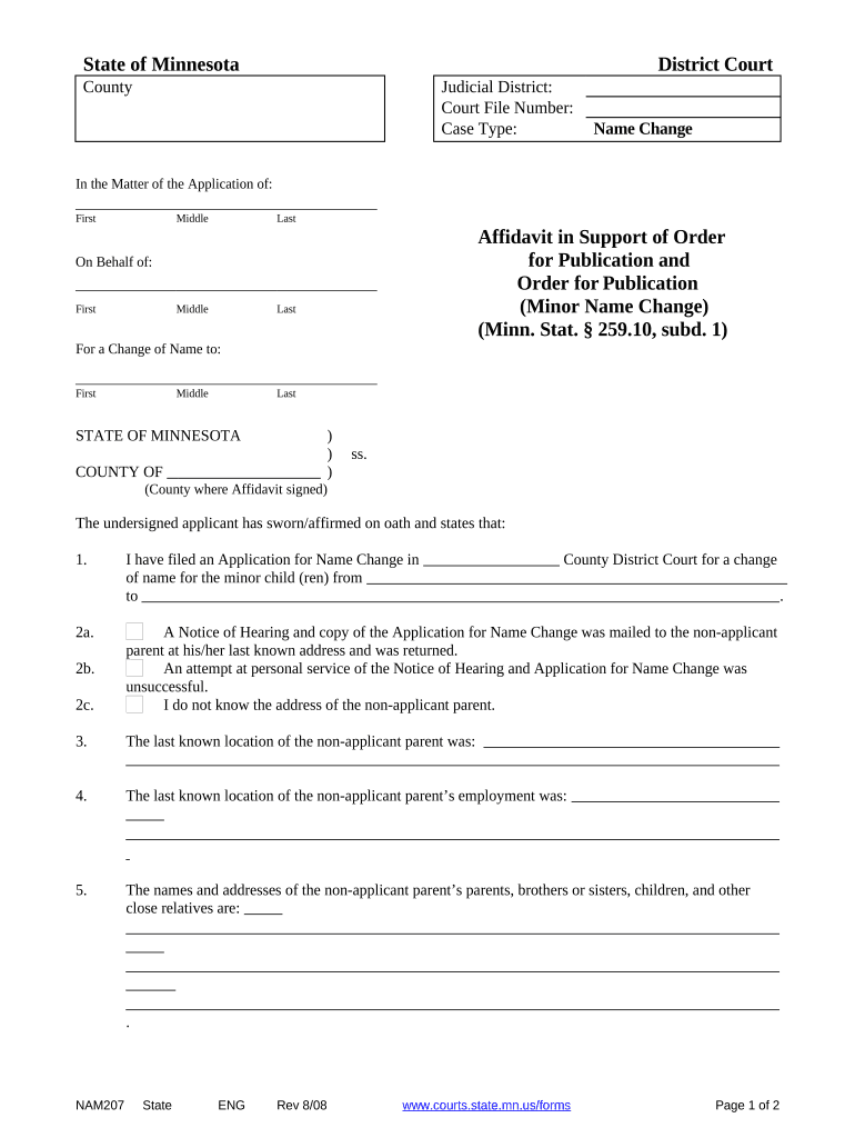 Affidavit in Support of Order for Publication and Order in Minor Name Change Minnesota Minnesota  Form