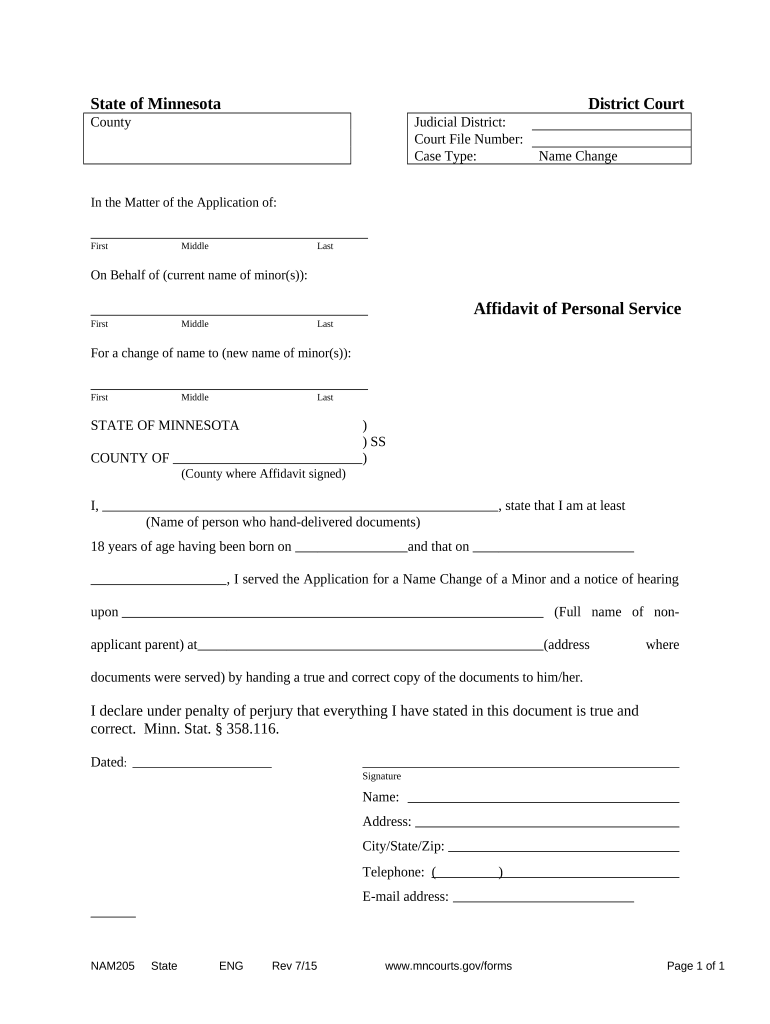 Affidavit of Personal Service Minnesota  Form