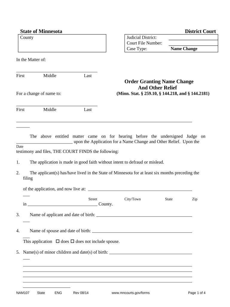 Order Granting Name Change  Form