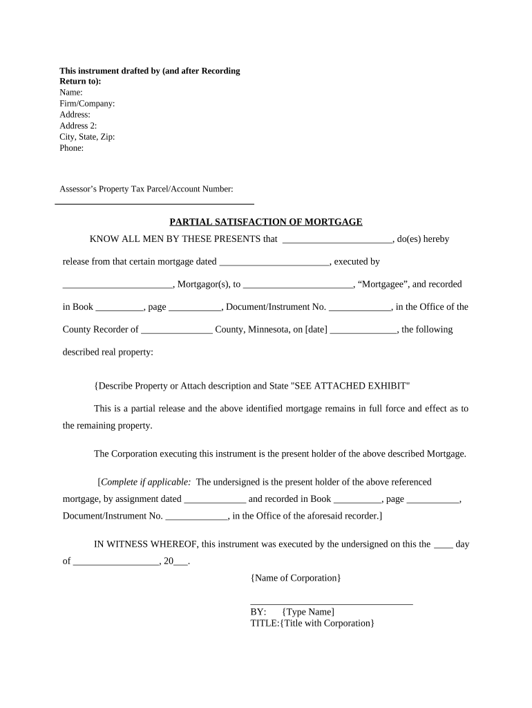 Partial Release of Property from Mortgage for Corporation Minnesota  Form