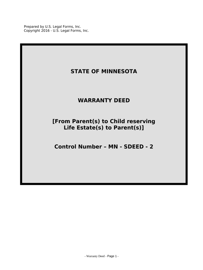 Warranty Deed for Parents to Child with Reservation of Life Estate Minnesota  Form