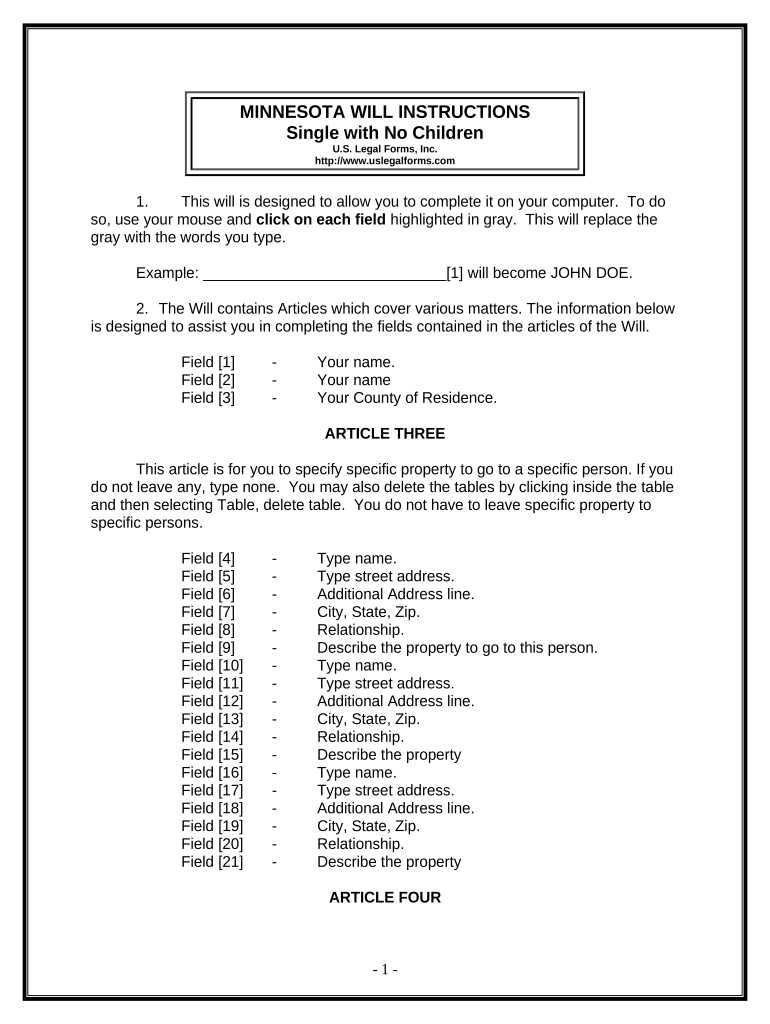 Legal Last Will and Testament Form for Single Person with No Children Minnesota