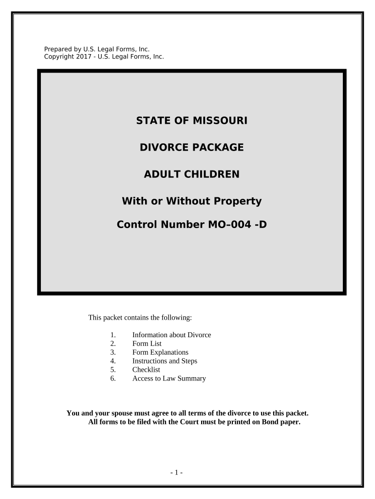 No Fault Uncontested Agreed Divorce Package for Dissolution of Marriage with Adult Children and with or Without Property and Deb  Form