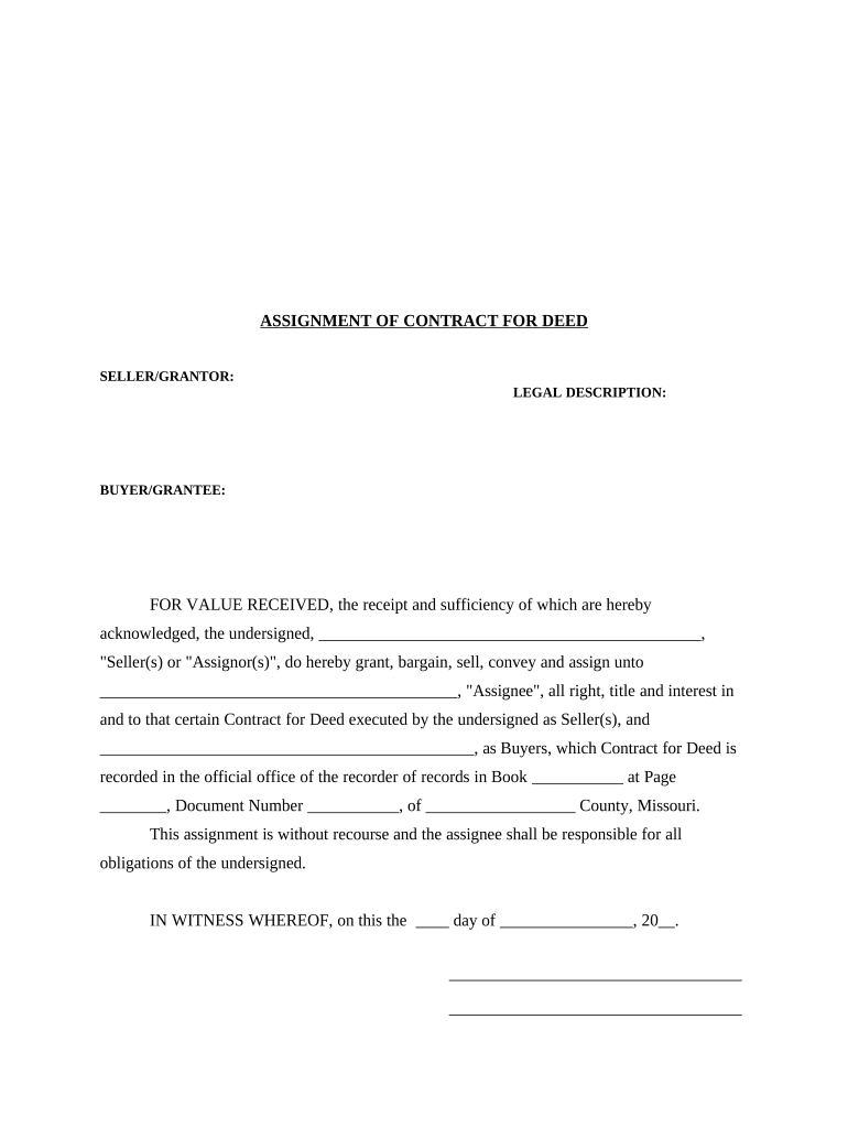 Assignment of Contract for Deed by Seller Missouri  Form