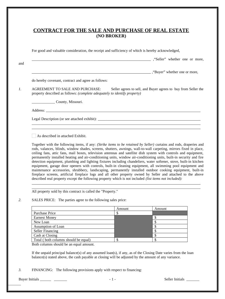Contract for Sale and Purchase of Real Estate with No Broker for Residential Home Sale Agreement Missouri  Form