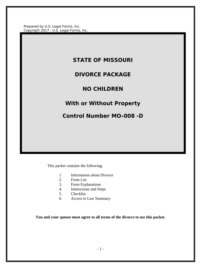 No Fault Agreed Uncontested Divorce Package for Dissolution of Marriage for Persons with No Children with or Without Property an  Form