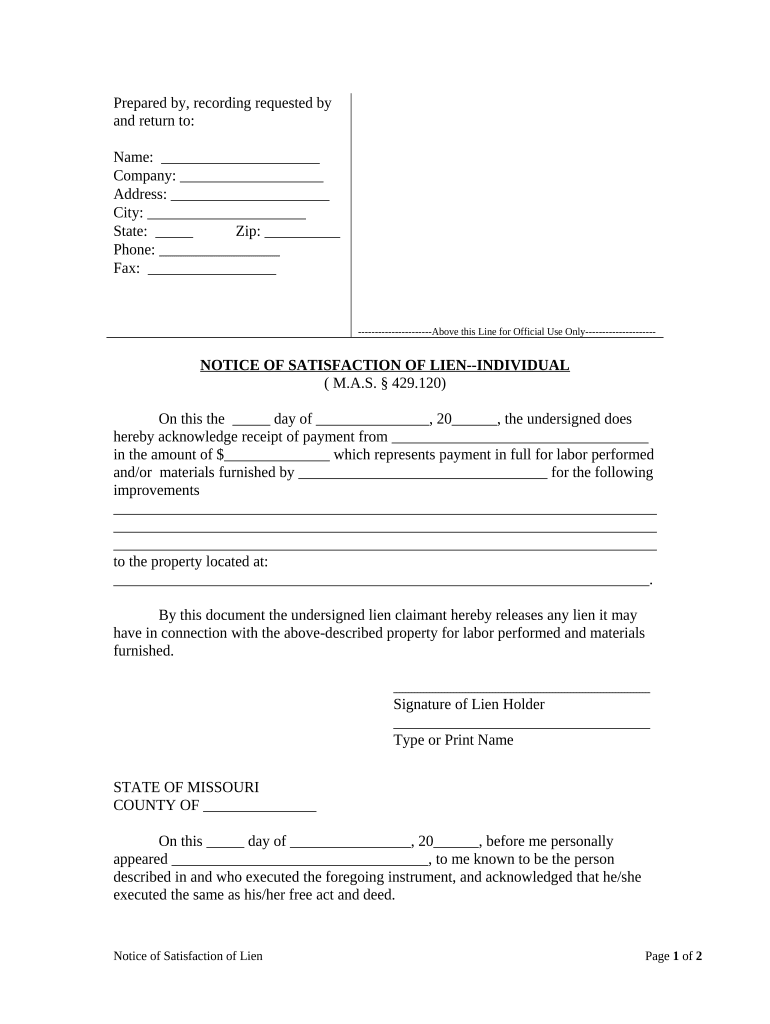 Notice of Satisfaction Individual Missouri  Form