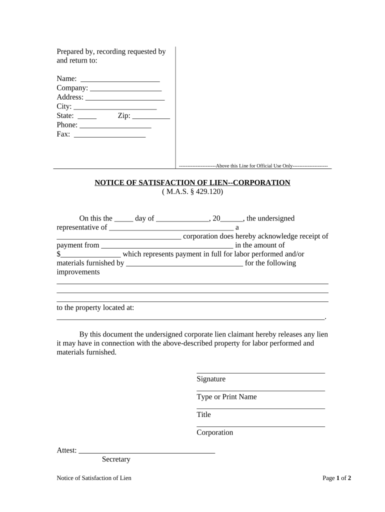 Notice of Satisfaction Corporation or LLC Missouri  Form