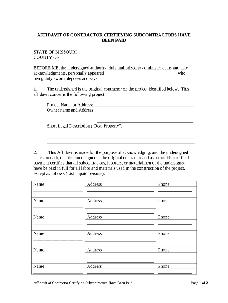 Affidavit of Contractor Certifying Subcontractors Have Been Paid Missouri  Form