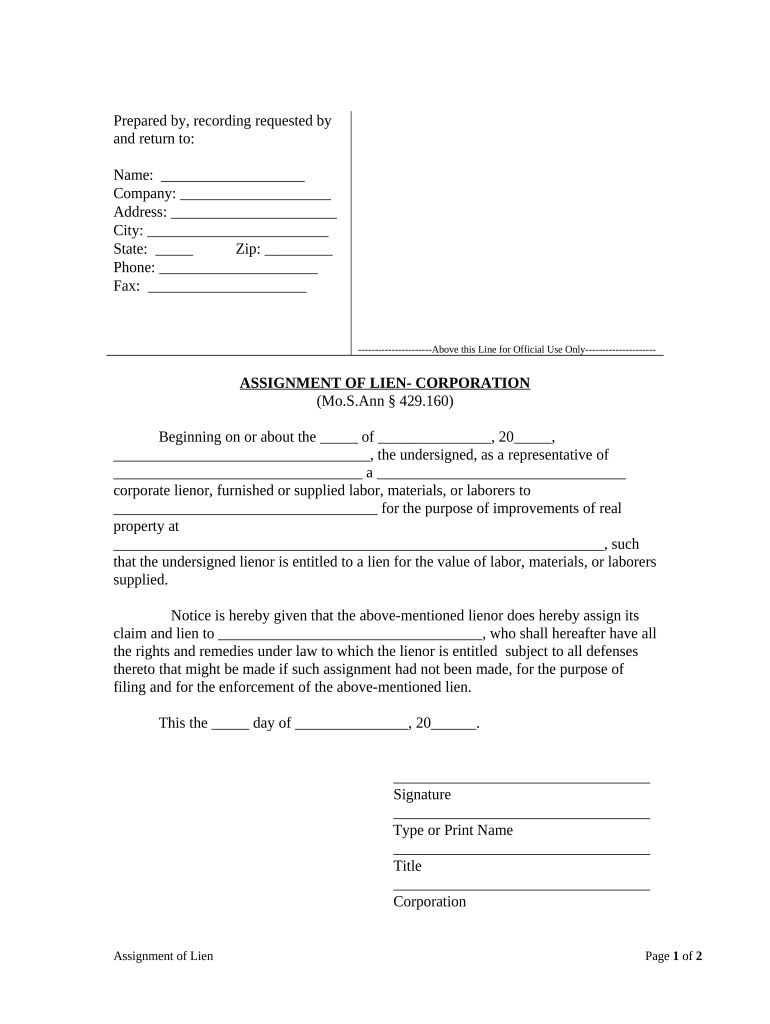 Assignment of Lien Corporation or LLC Missouri  Form