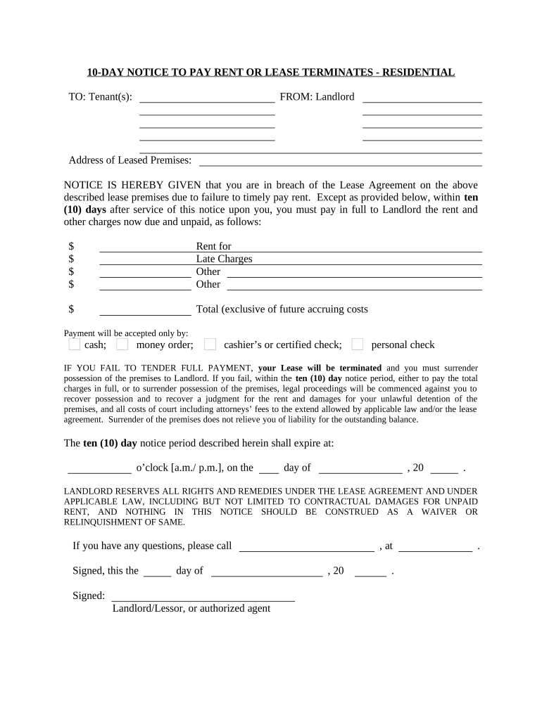 10 Day Notice to Pay Rent or Lease Terminated Missouri  Form