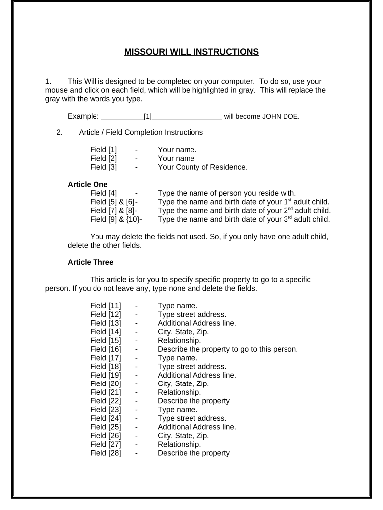 Mutual Wills Package of Last Wills and Testaments for Unmarried Persons Living Together with Adult Children Missouri  Form