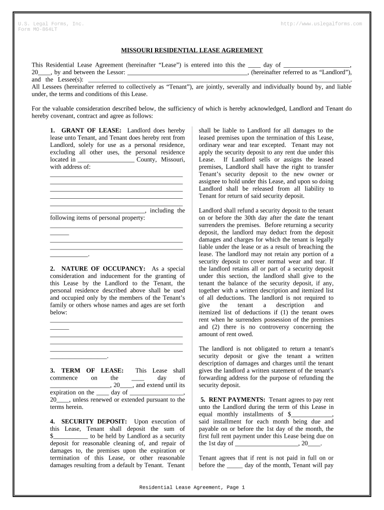 Residential Rental Lease Agreement Missouri  Form