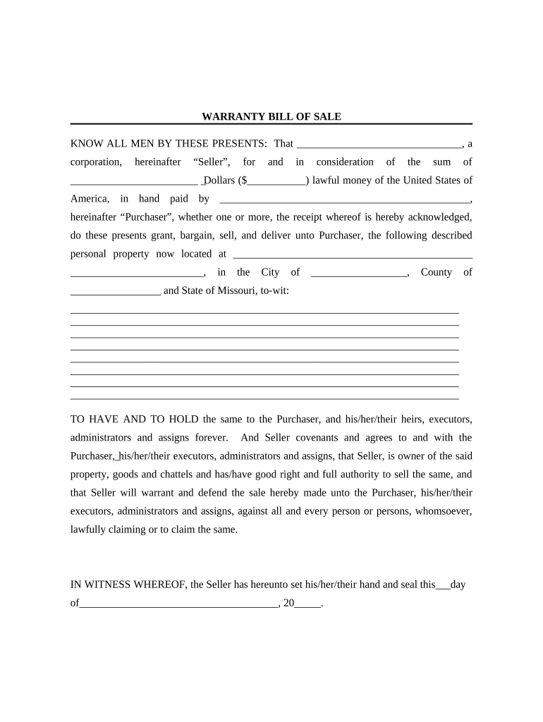 Bill of Sale with Warranty for Corporate Seller Missouri  Form
