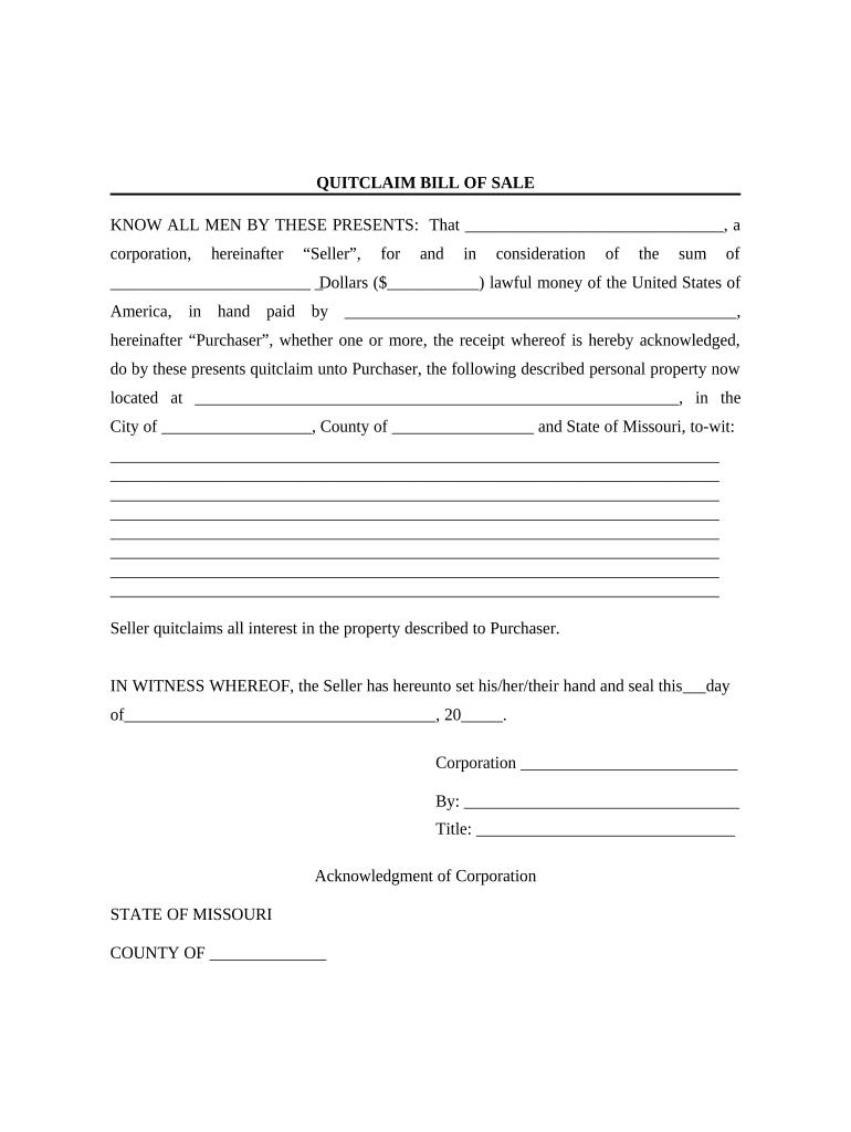 Bill of Sale Without Warranty by Corporate Seller Missouri  Form