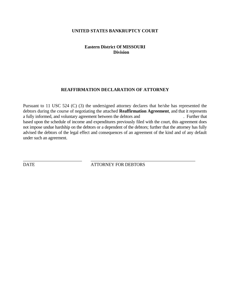 Reaffirmation Declaration by Attorney Missouri  Form