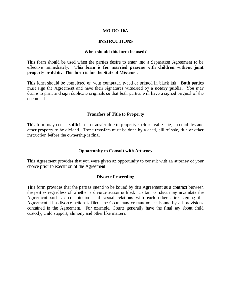 Marital Domestic Separation and Property Settlement Agreement Minor Children No Joint Property or Debts Effective Immediately Mi  Form