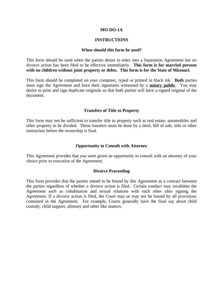 Marital Domestic Separation and Property Settlement Agreement for Persons with No Children, No Joint Property, or Debts Effectiv  Form