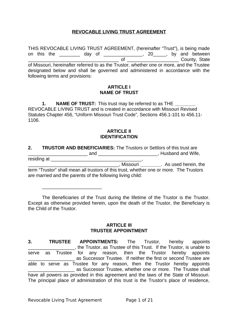 Living Trust for Husband and Wife with One Child Missouri  Form