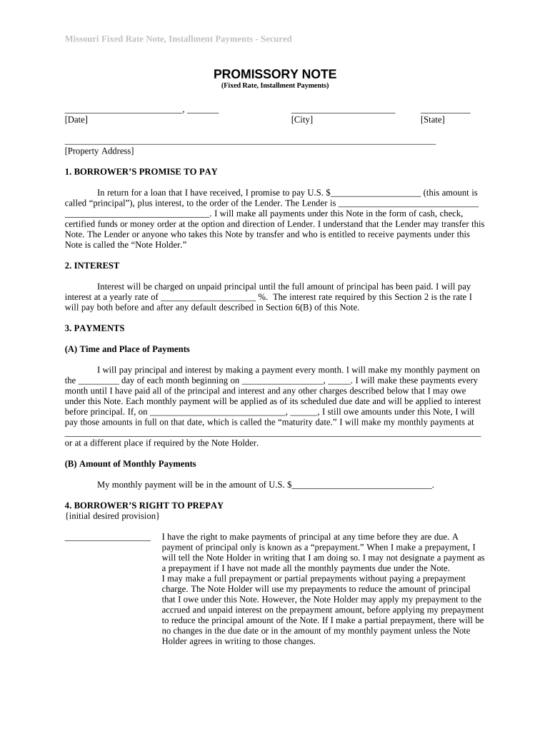 Promissory Note Template Missouri  Form