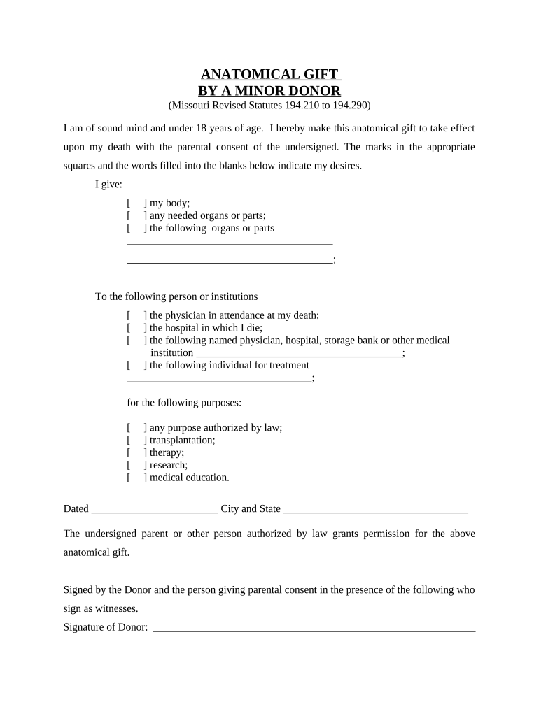 Anatomical Gift Act Donation by a Person under 18 Years Old Missouri  Form