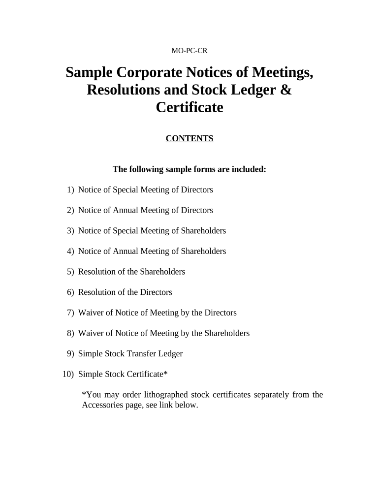 Sample Corporate Records for a Missouri Professional Corporation Missouri  Form