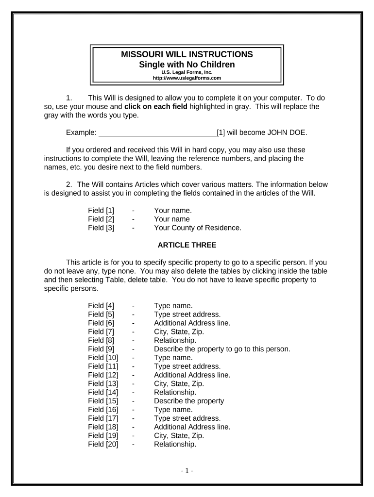 Legal Last Will and Testament Form for Single Person with No Children Missouri