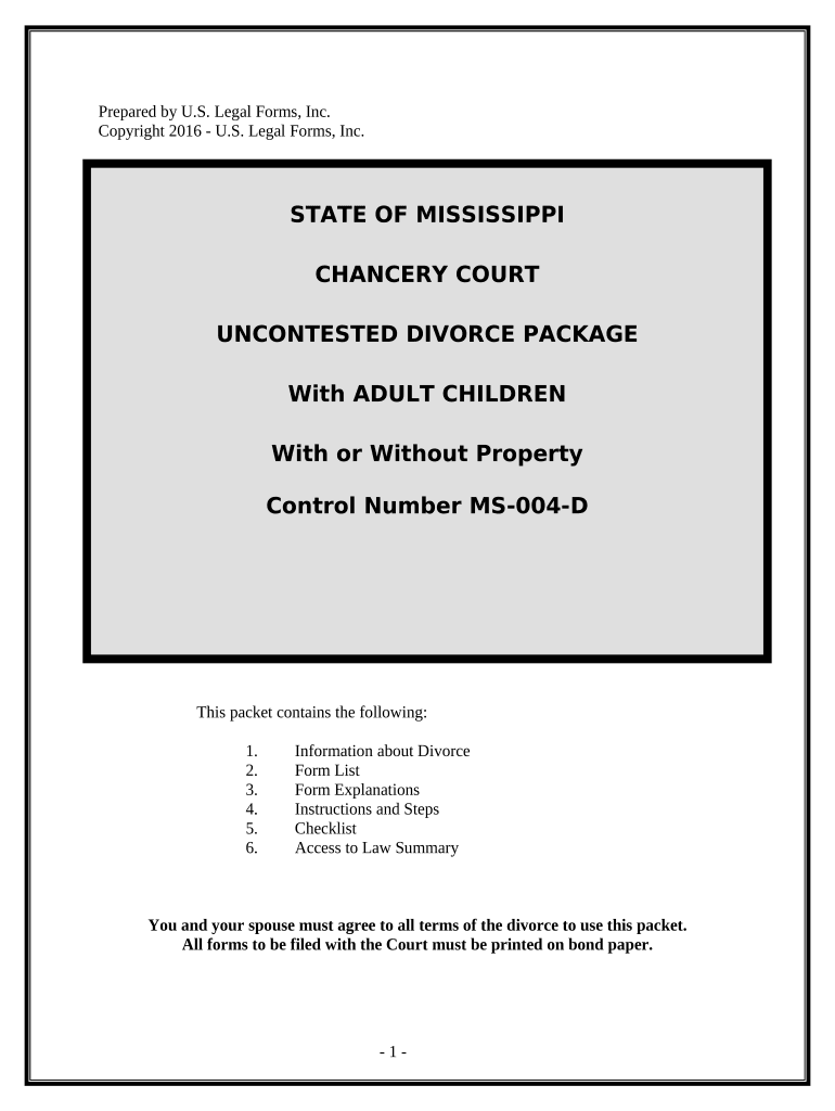 No Fault Uncontested Agreed Divorce Package for Dissolution of Marriage with Adult Children and with or Without Property and Deb  Form