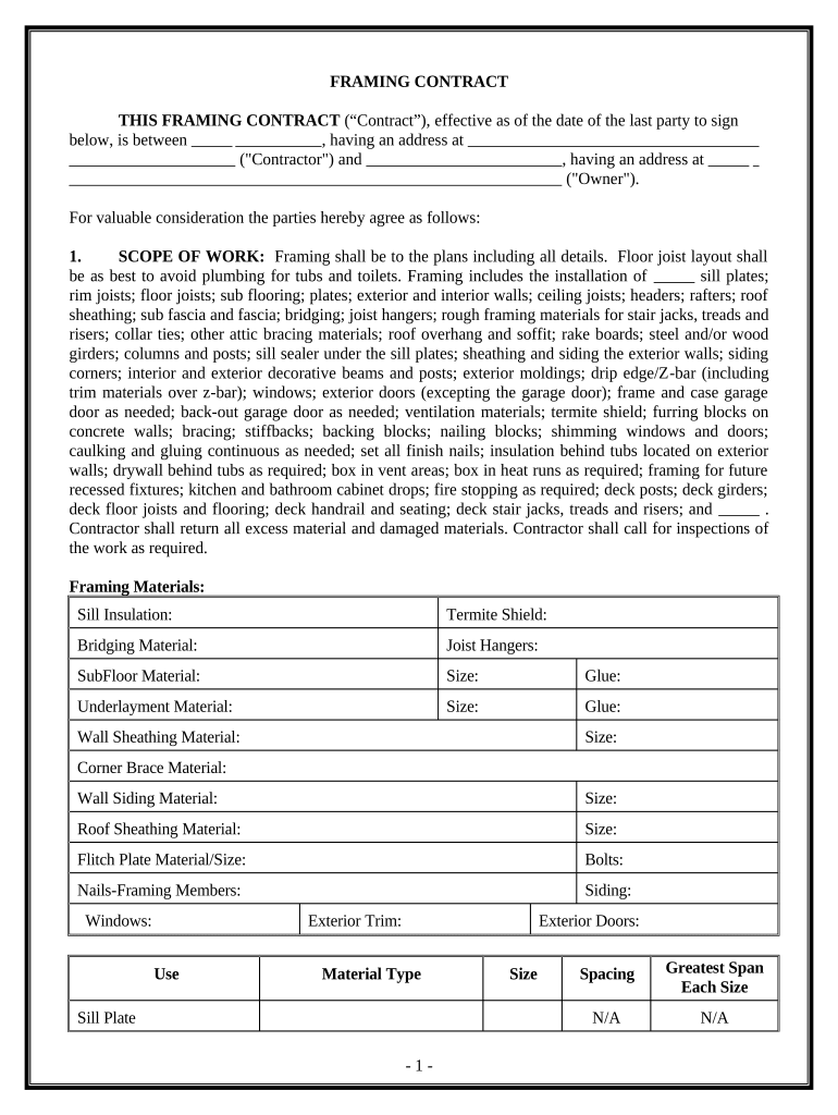 Framing Contract for Contractor Mississippi  Form