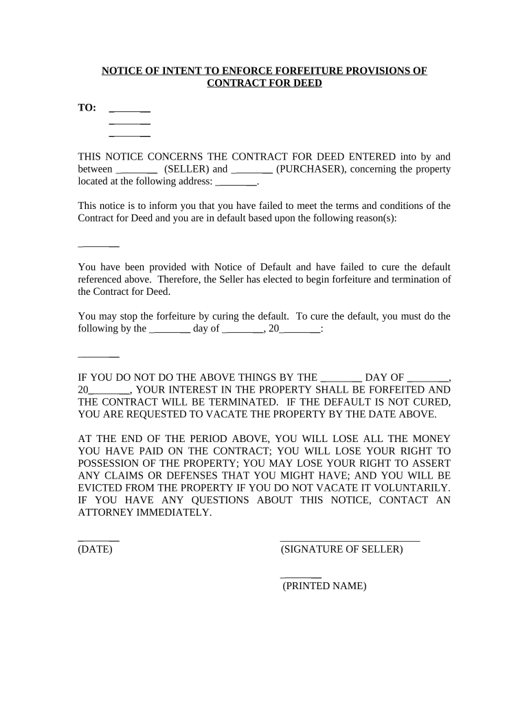Notice of Intent to Enforce Forfeiture Provisions of Contact for Deed Mississippi  Form