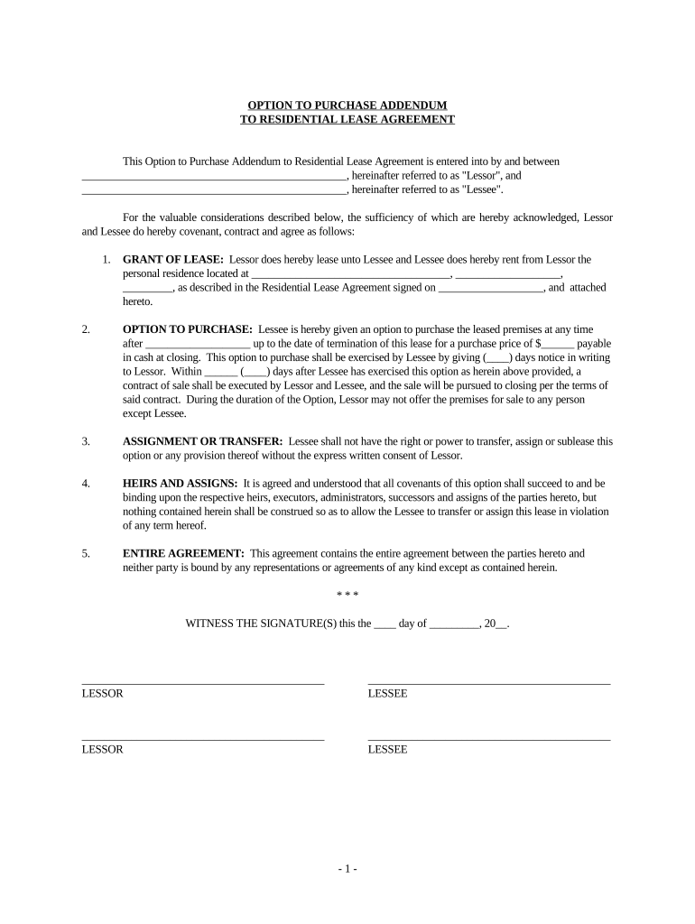 Option to Purchase Addendum to Residential Lease Lease or Rent to Own Mississippi  Form