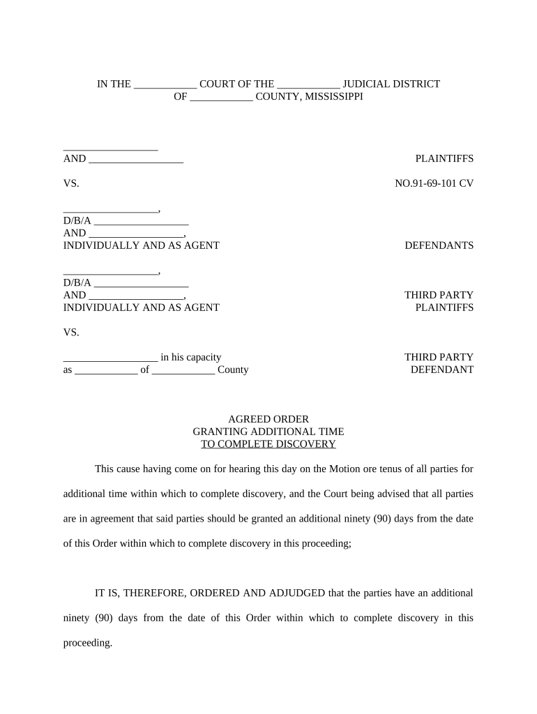 Agreed Order Granting Additional Time to Complete Discovery in Circuit Court with Third Parties Mississippi  Form